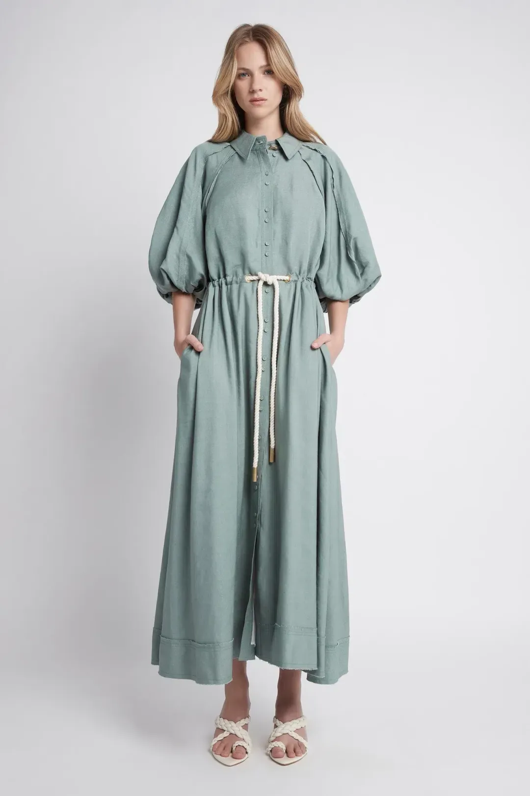 AJE Bonjour Belted Shirt Dress Palm Green Size 8 for rent on The Volte - main image