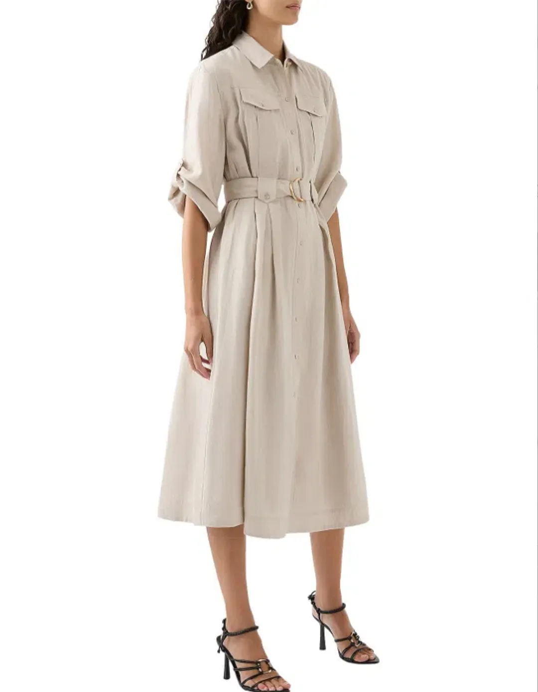 AJE Hope Midi Shirt Dress – colour sandstone beige size 8 for rent on The Volte - main image