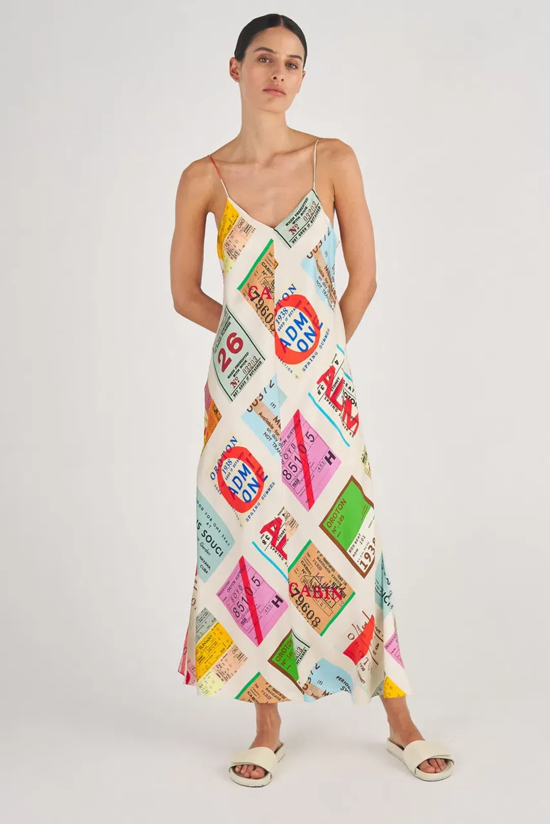 Oroton Ticket Print Slip Dress Fuchsia Size AU 12 for rent on The Volte - main image