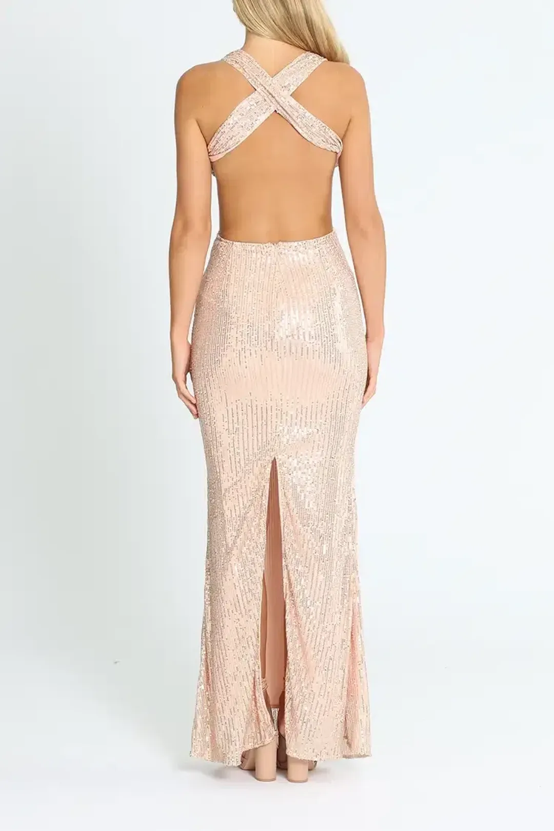 Elle Zeitoune Cut Out Detailed Sequin Gown Rose Gold Size 12 for rent on The Volte - main image