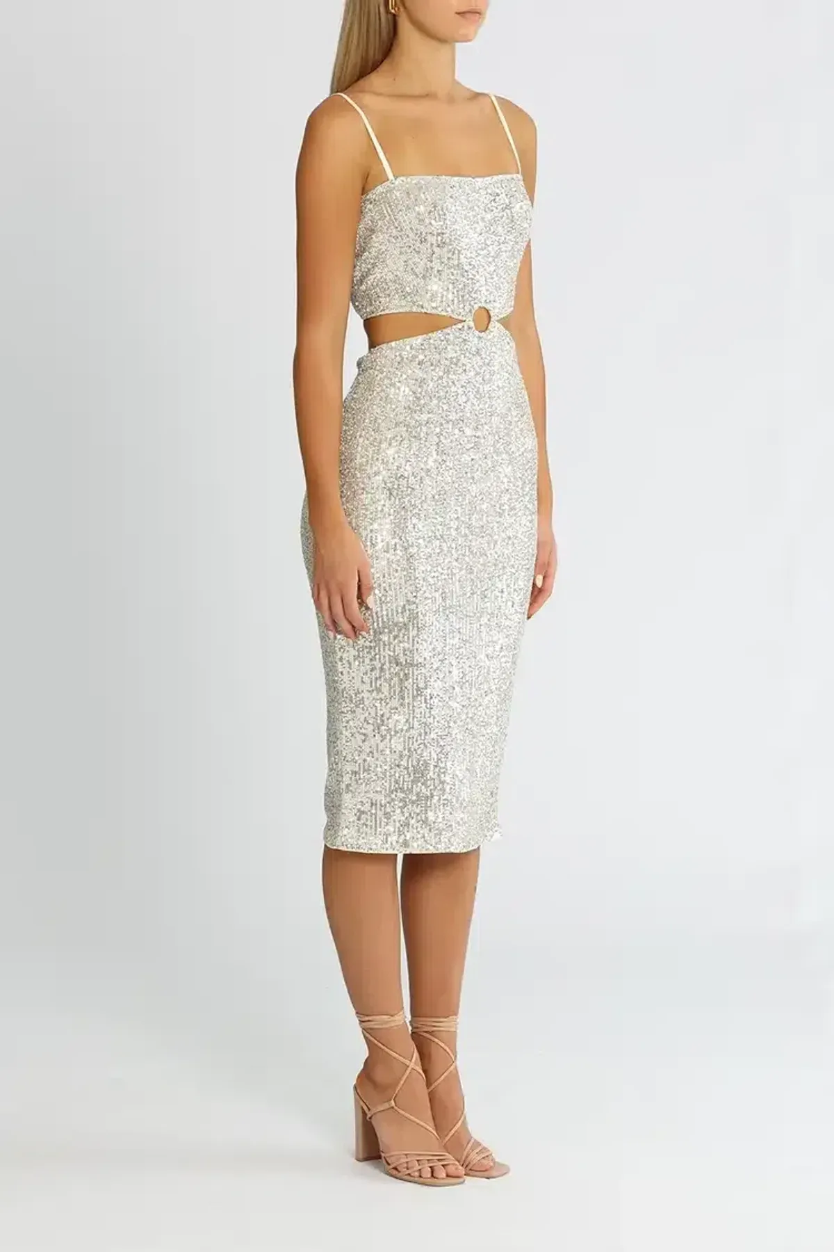 Elle Zeitoune Cut Out Sequin Midi Dress Silver Size 8 - Image 2