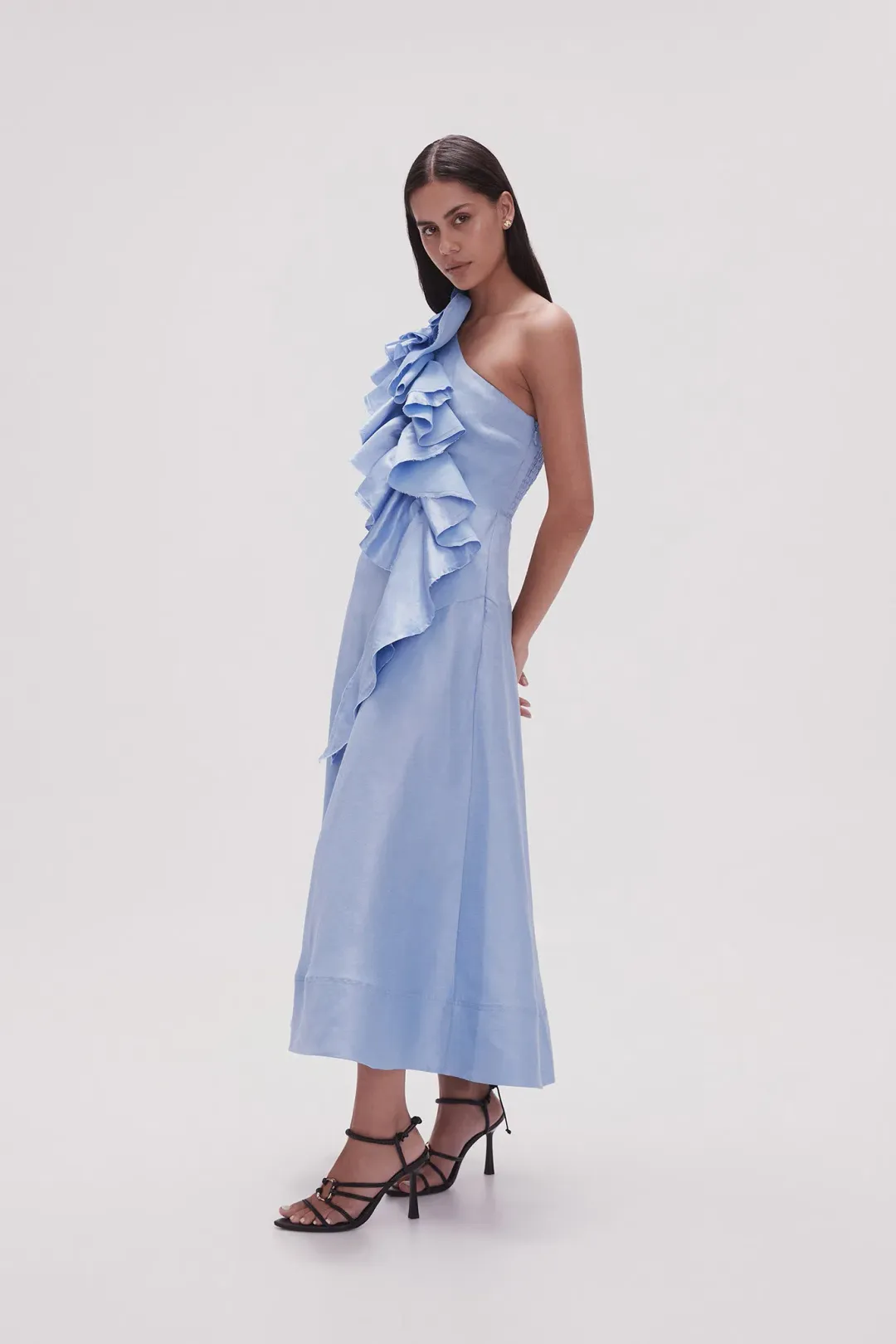 AJE Adelia Ruffle Midi Dress Sky Blue Size 8 for rent on The Volte - main image
