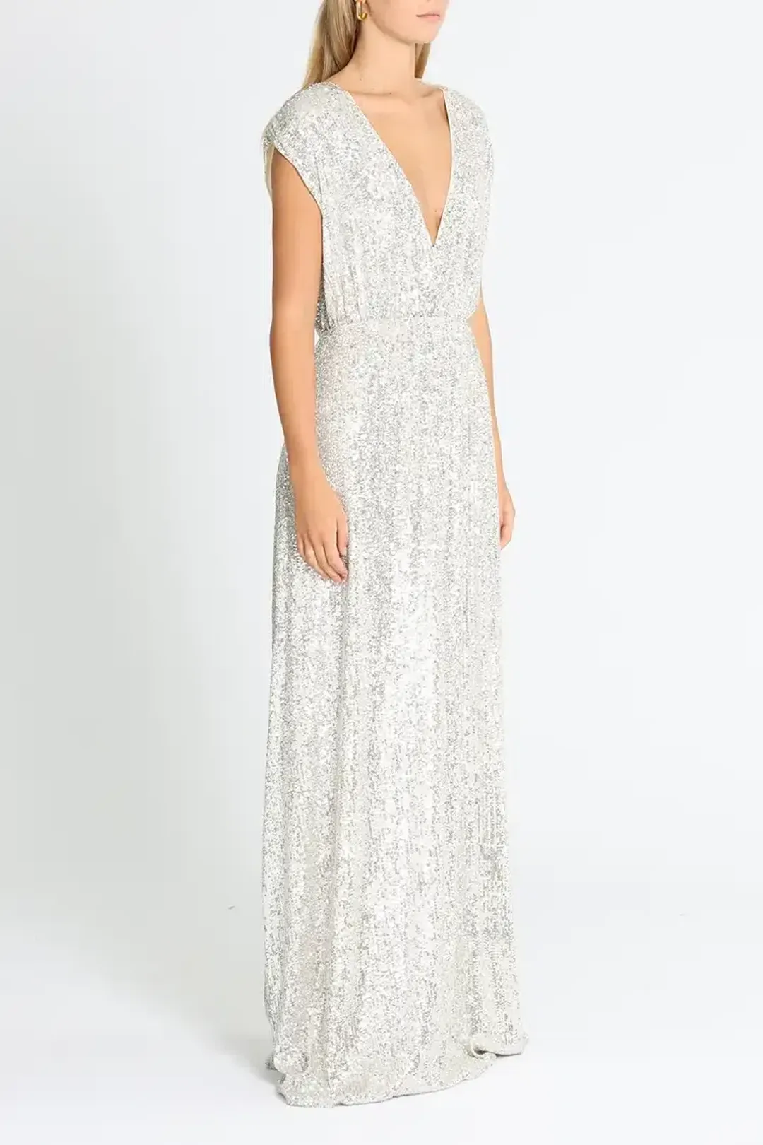 Elle Zeitoune Wrap Style V Neck Sequin Gown Silver Size 10 for rent on The Volte - main image