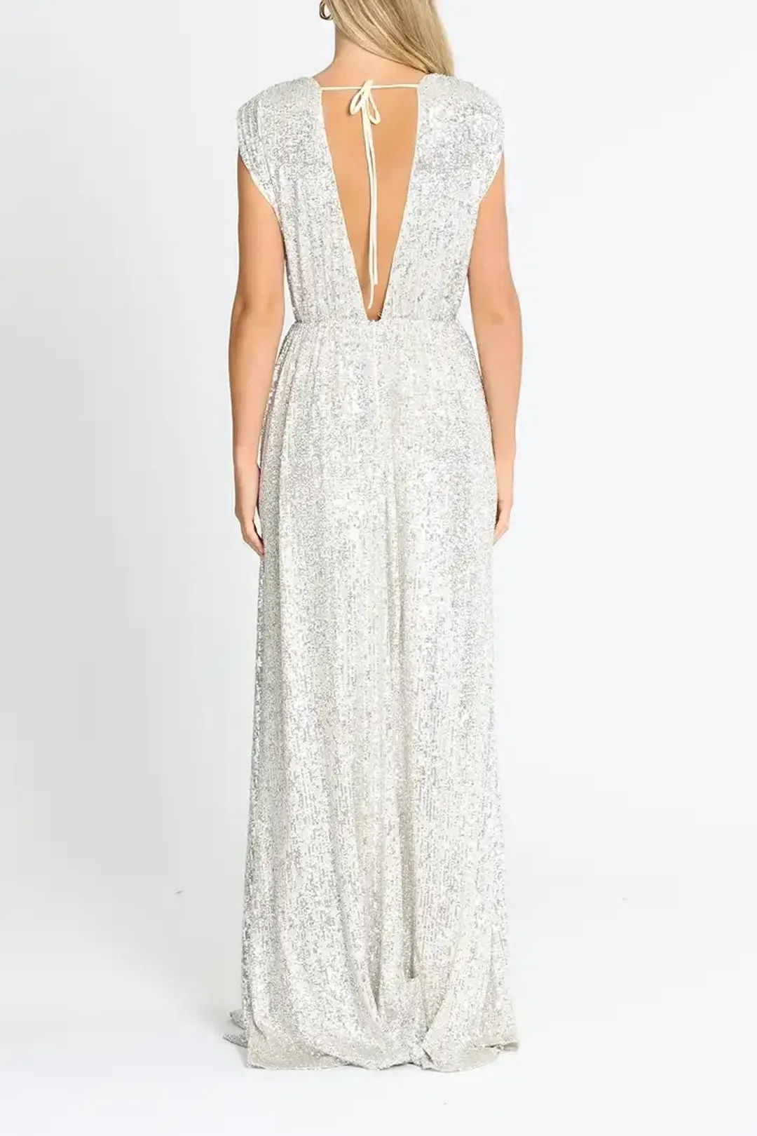 Elle Zeitoune Wrap Style V Neck Sequin Gown Silver Size 10 for rent on The Volte - main image
