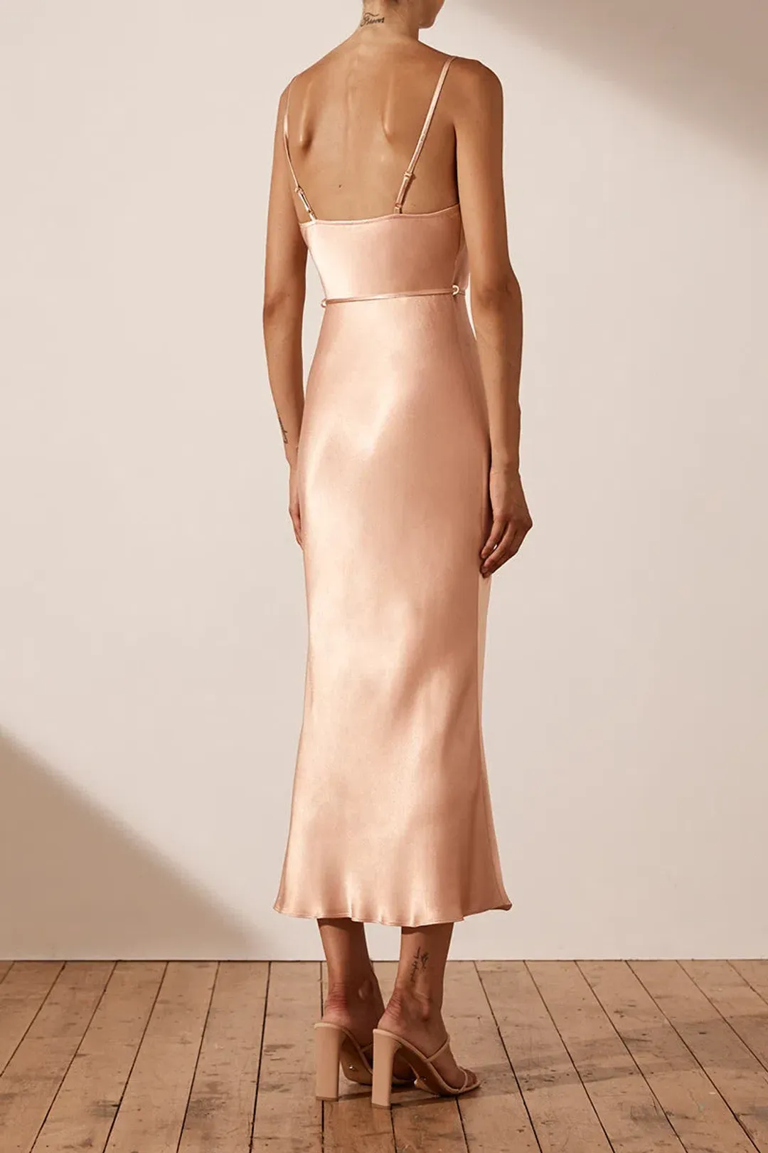 Shona Joy La Lune Bias Cowl Midi Dress Desert Rose Size 8 for rent on The Volte - main image