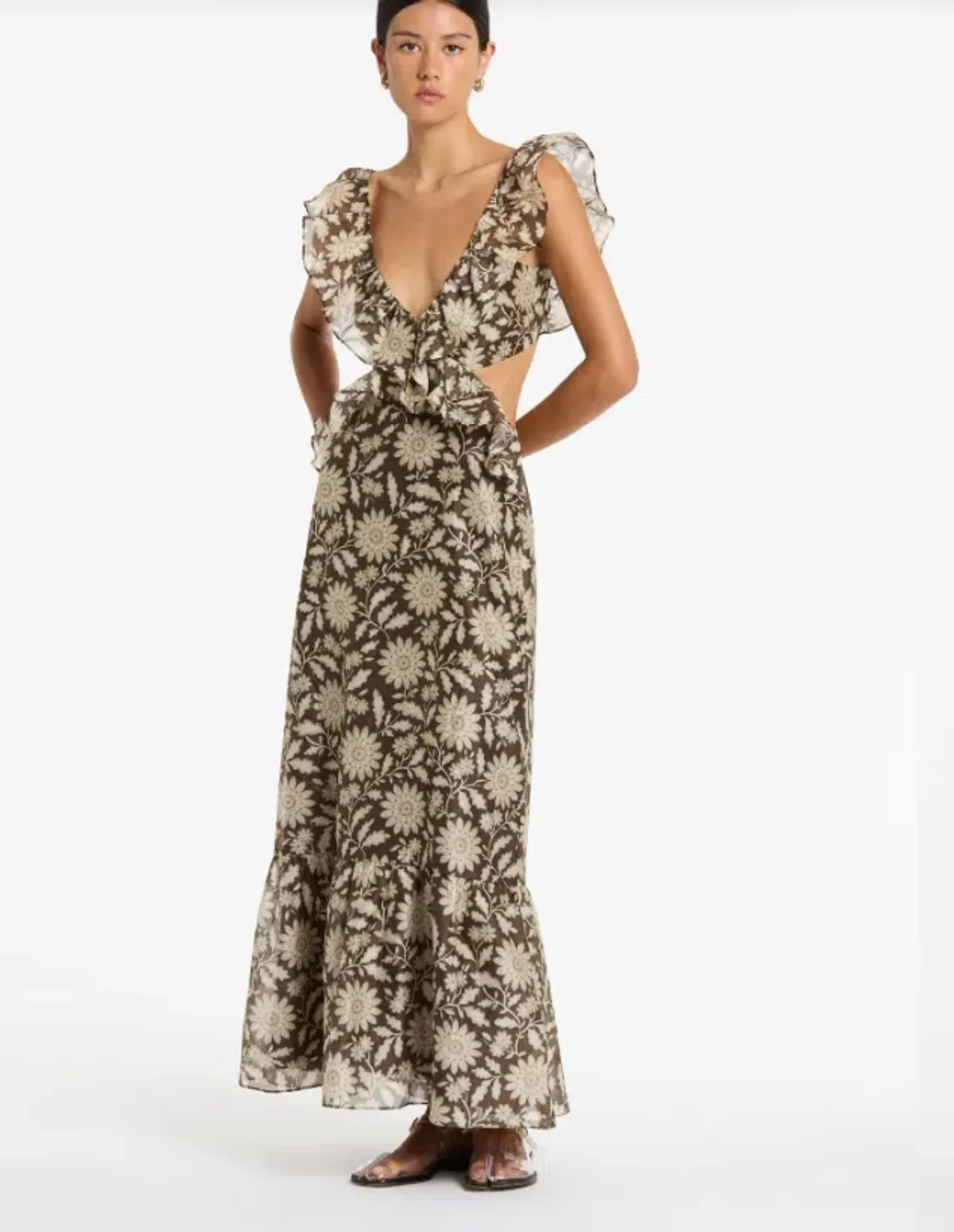 SIR THE LABEL XANITA FRILL MIDI BROWN (Size 2) - Image 1