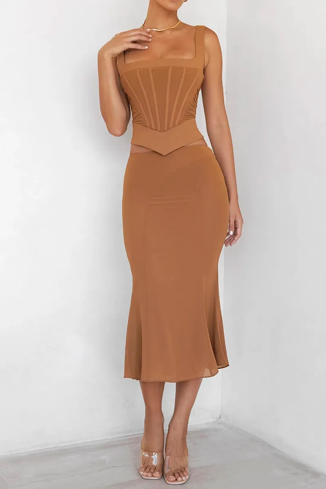 House of CB Mistress Rocks Caramel Gathered Corset & Midi Skirt Set Brown Size XS / AU 6 for rent on The Volte - main image