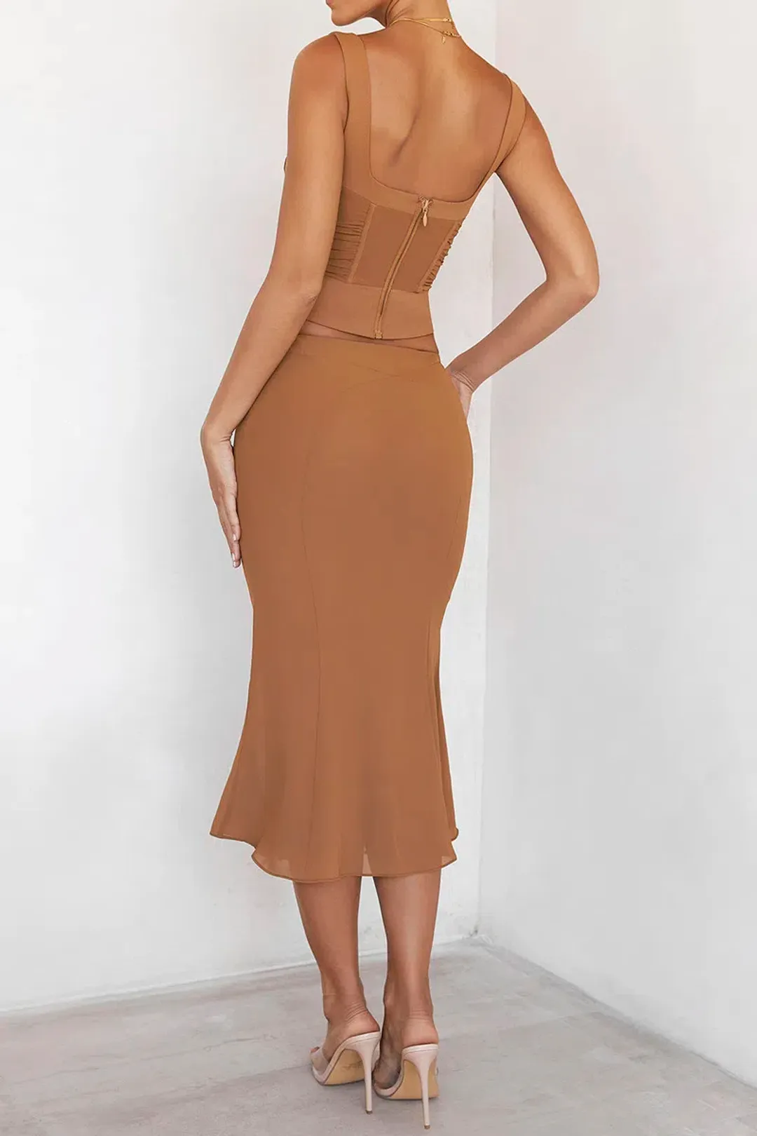 House of CB Mistress Rocks Caramel Gathered Corset & Midi Skirt Set Brown Size XS / AU 6 for rent on The Volte - main image