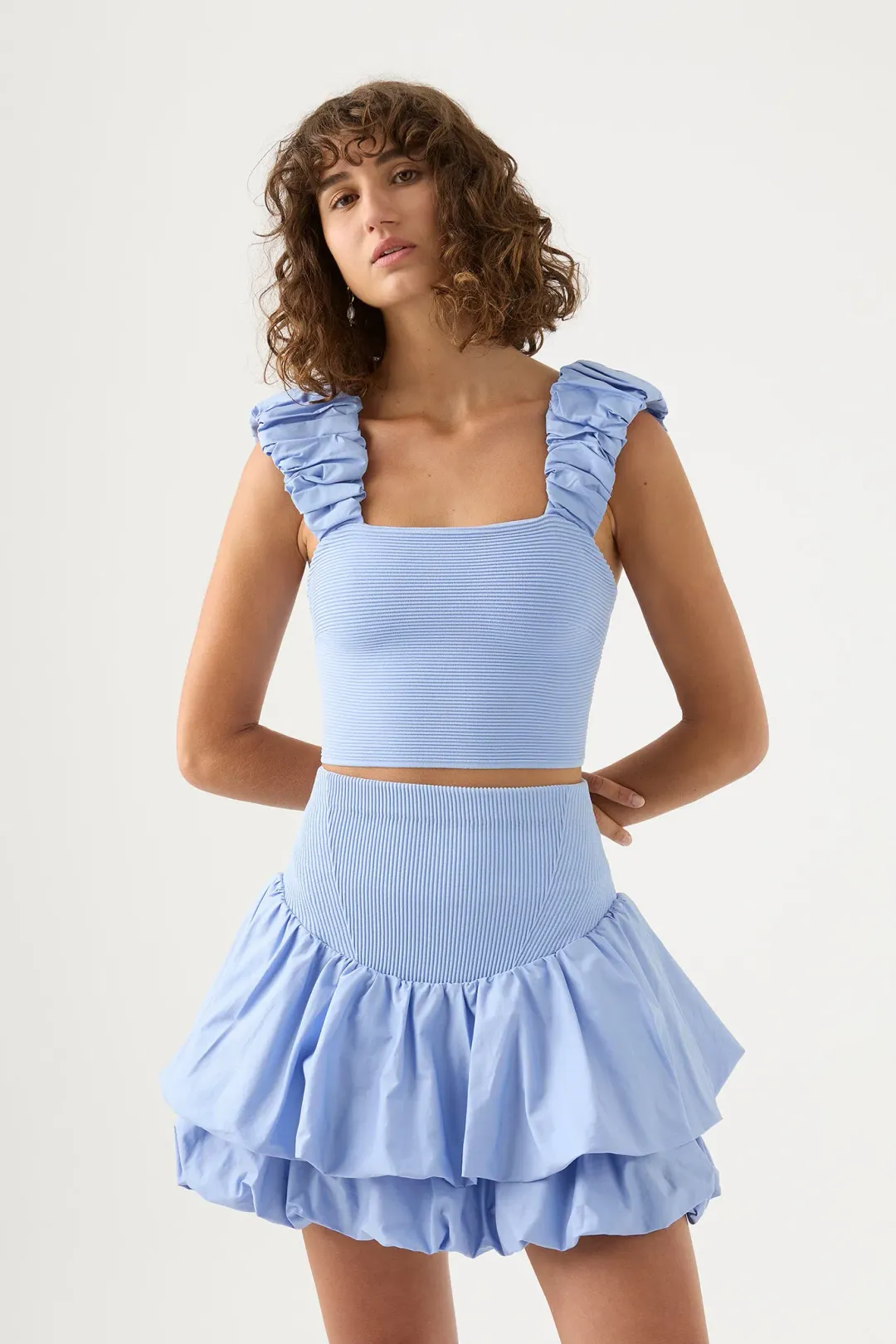Aje Allard Ruched Strap Knit Top And Turner Bubble Skirt Set Sky Blue Set Size 6 for rent on The Volte - main image