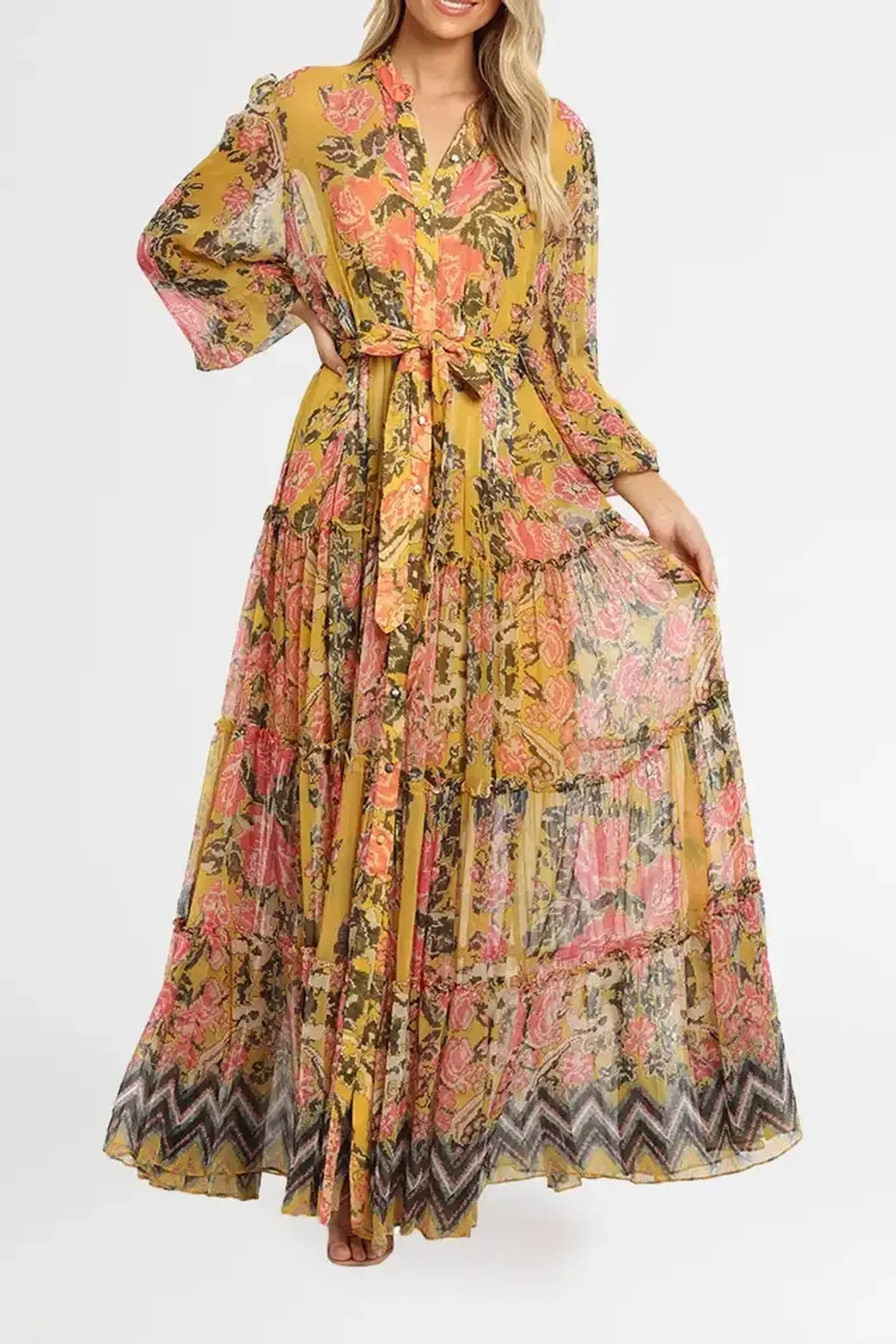 Hemant & Nandita Nova Tiered Maxi Multi Mustard Print Yellow Size 10 for rent on The Volte - main image