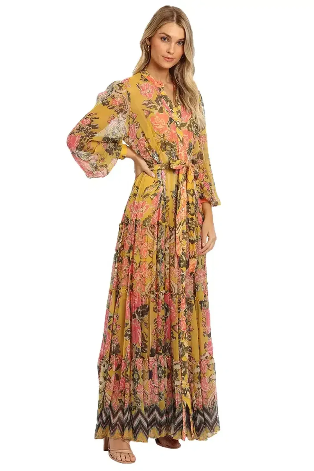 Hemant & Nandita Nova Tiered Maxi Multi Mustard Print Yellow Size 12 for rent on The Volte - main image