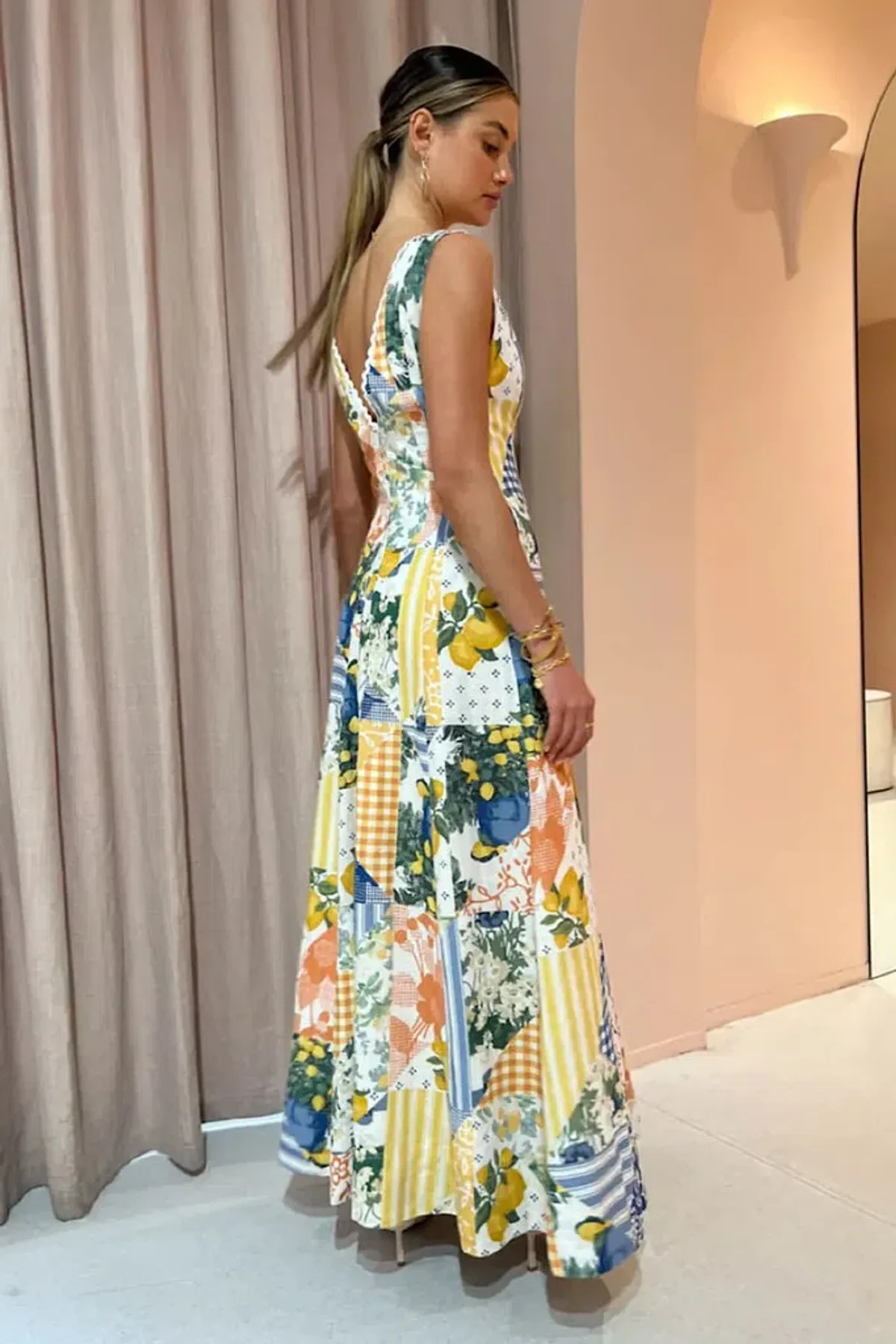 By Nicola Wavy Maxi Dress in Lemon Patchwork Print Size 8 - Image 3