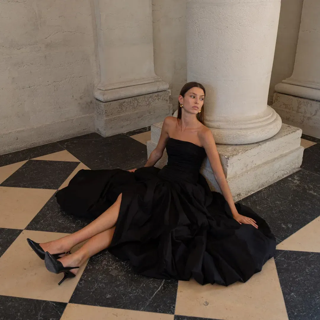 Aje Violette Bubble Hem Maxi Dress Black Size AU 8 for rent on The Volte - main image