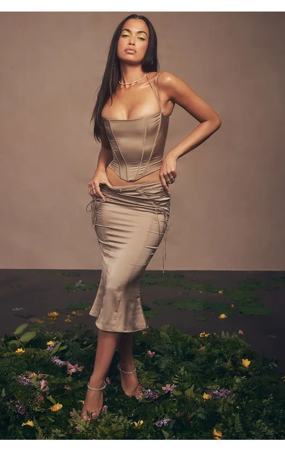 House of CB Chantelle Satin Corset & Sidonie Satin Lace Up Midi Skirt Set in Latte Size XL / AU 14 for rent on The Volte - main image