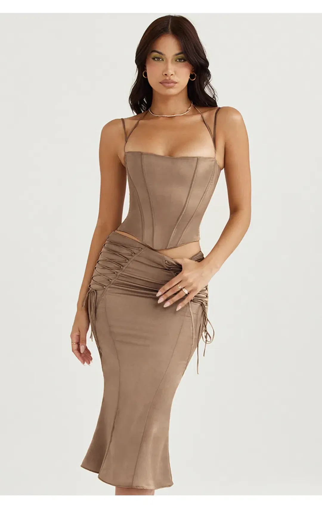 House of CB Chantelle Satin Corset & Sidonie Satin Lace Up Midi Skirt Set in Latte Size XL / AU 14 for rent on The Volte - main image