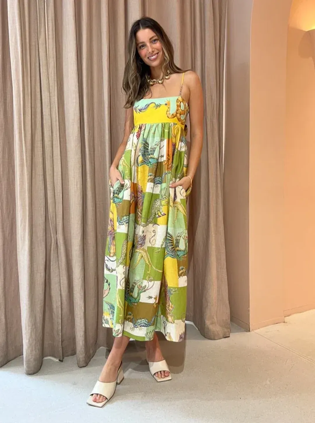 Alemais Jerome Linen Midi Dress Dragon Print Size 12 for rent on The Volte - main image