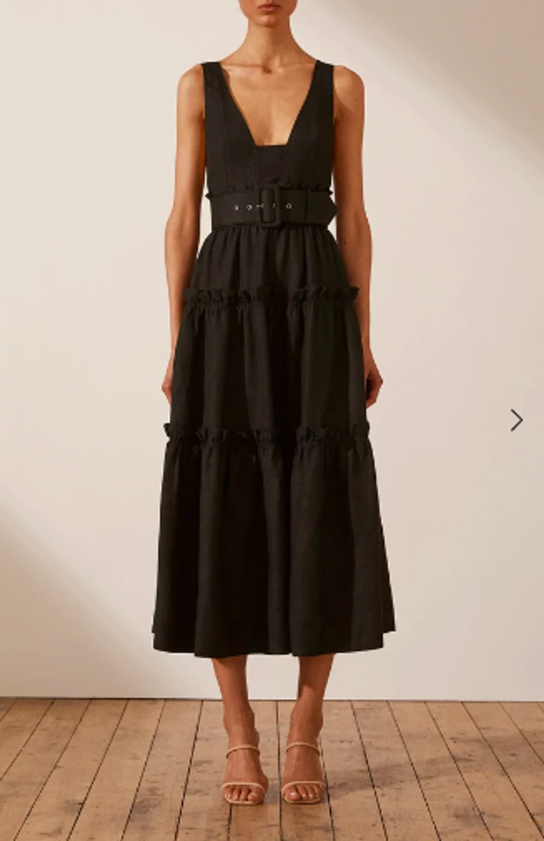 NICOLETTE LINEN TIERED MIDI DRESS - BLACK for rent on The Volte - main image