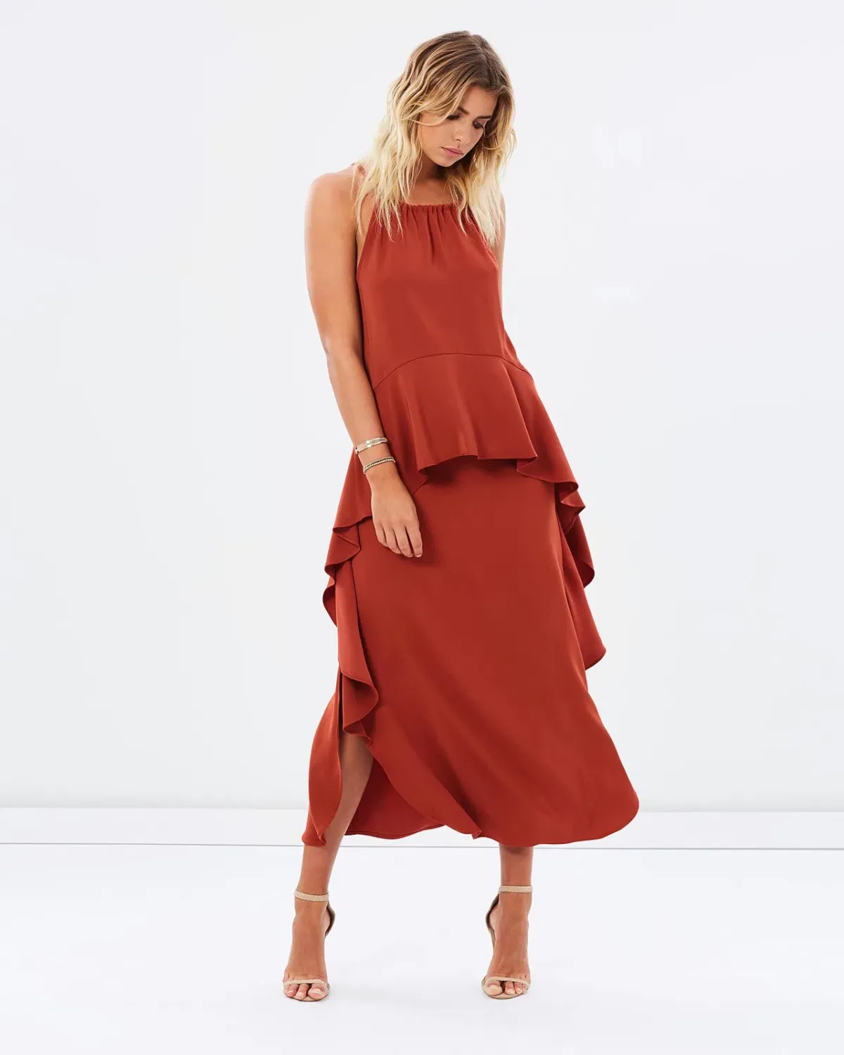 Shona Joy Voltaire Ruched Ruffle Midi Dress Rust Size 6 - Image 1