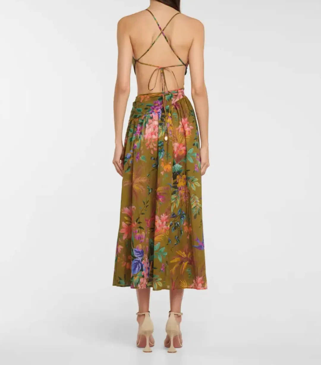 Zimmermann Tropicana Asymmetric Midi Dress Khaki Floral Size 2 / AU 12 for rent on The Volte - main image