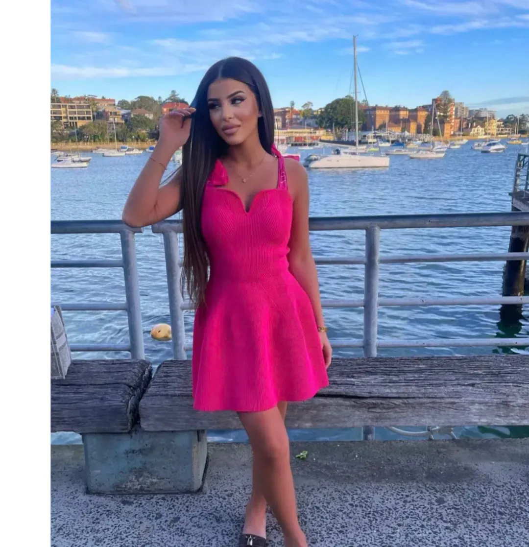 Aje Amber Knit Tie Shoulder Mini Dress in Fuchsia Size XS / AU 6 for rent on The Volte - main image