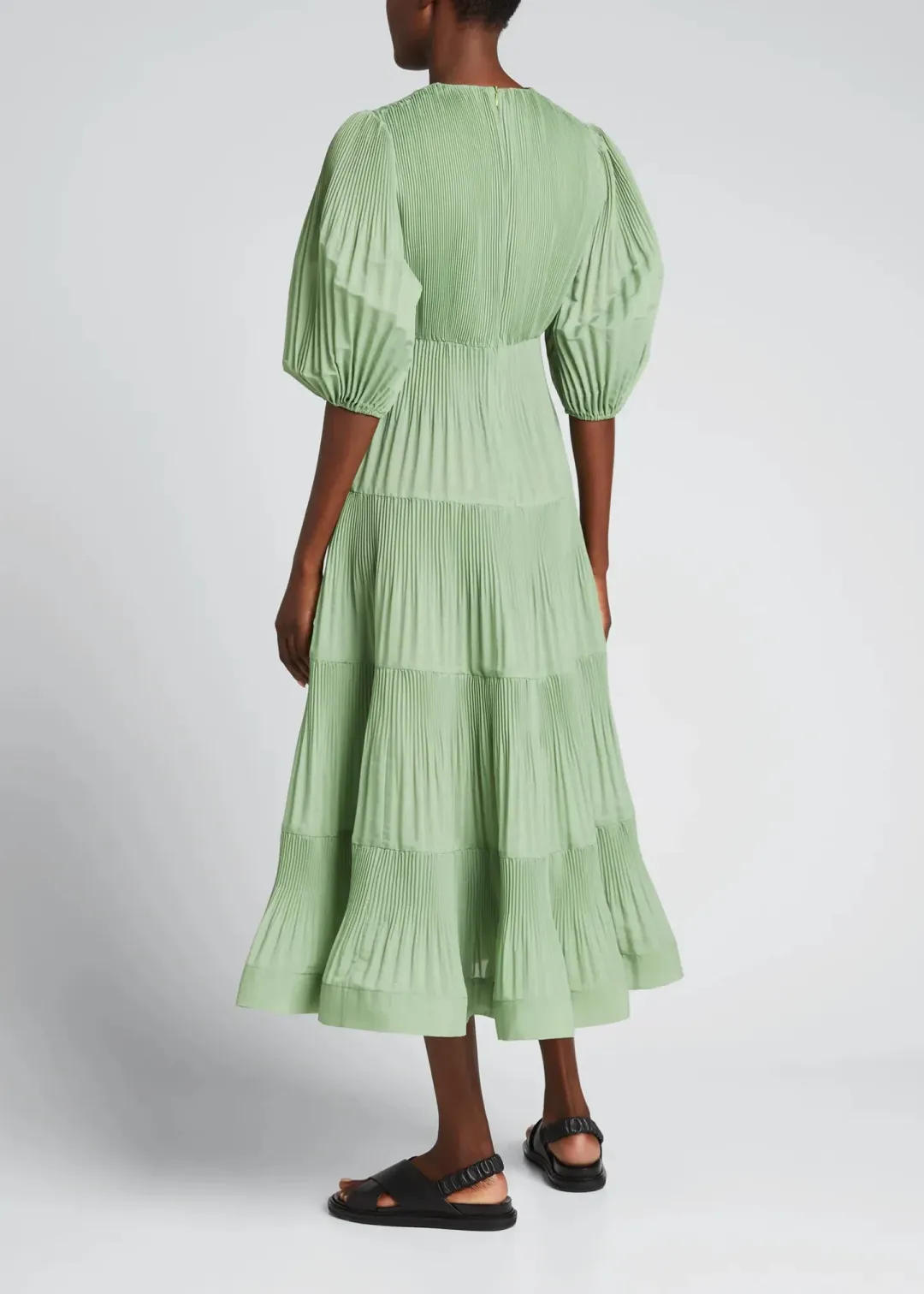 Zimmermann Pleated Balloon Sleeve Tiered Dress In Fern Size 2/Au 12 for rent on The Volte - main image