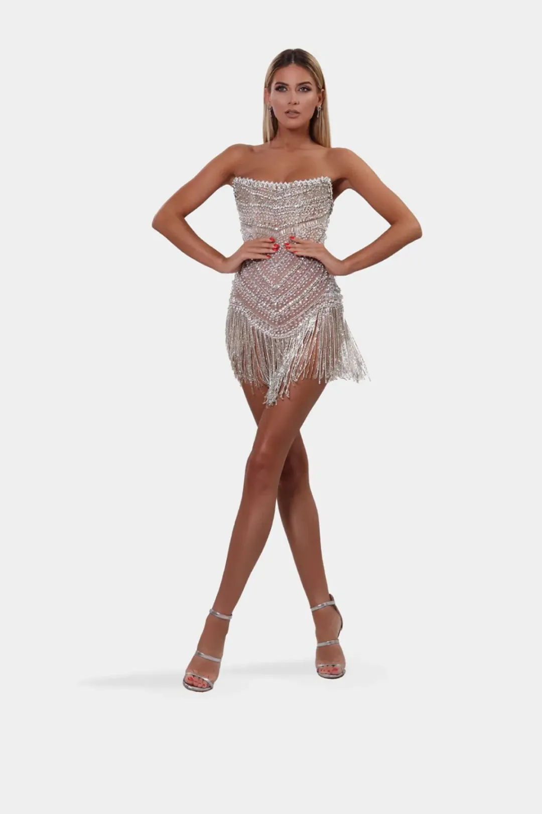 Albina Dyla Mini Silver/nude Corset Tassel Dress Silver/Nude Size 10 for rent on The Volte - main image