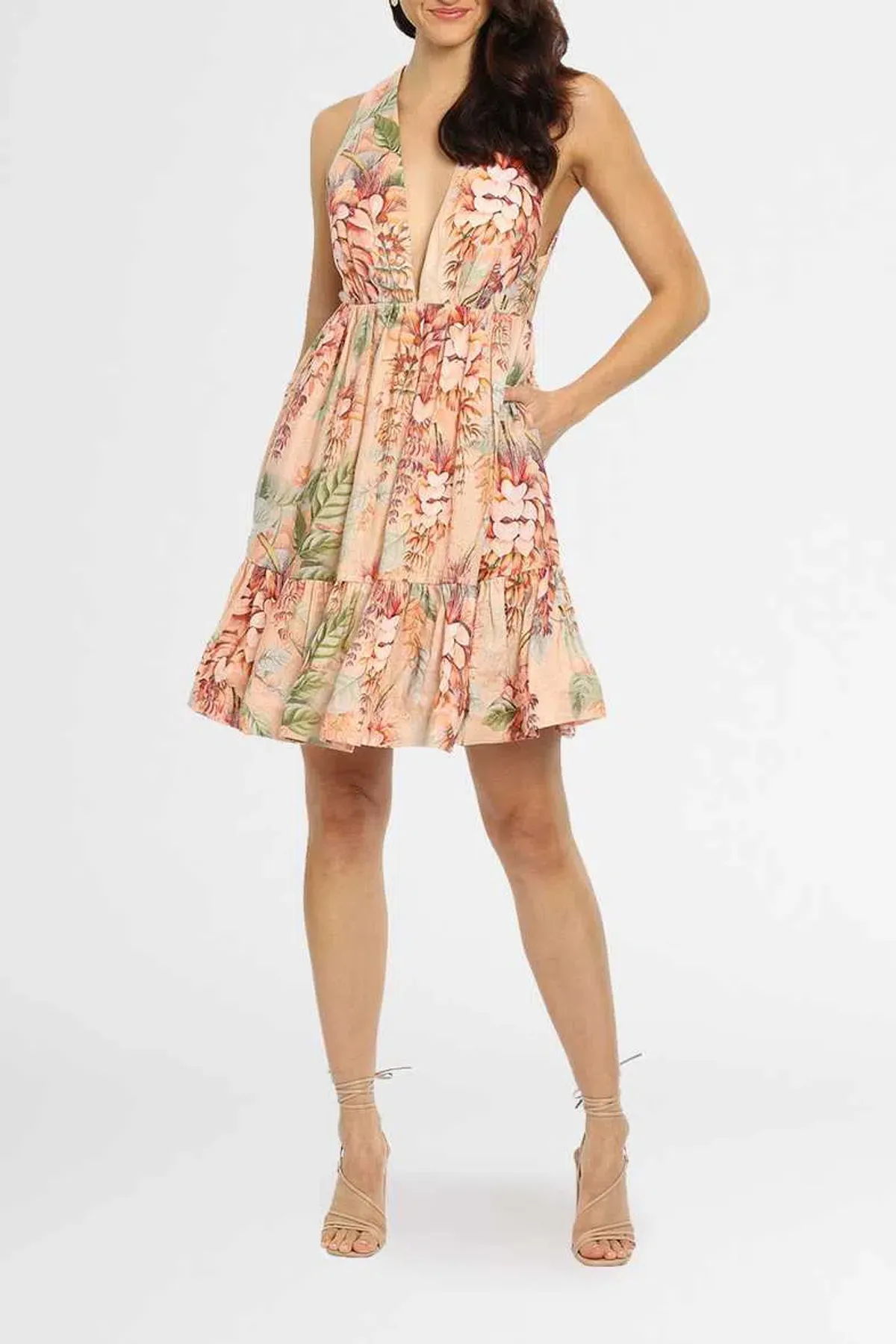 Zimmermann Candescent Plunge Neck Mini Dress in Coral Tree Print Size 6 - Image 2