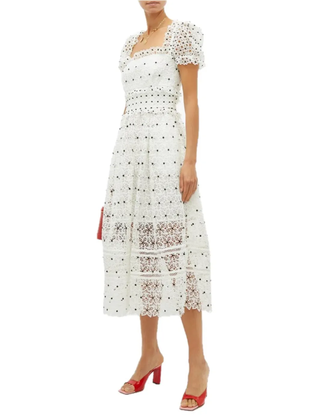 Self Portrait Guipure Hibiscus Midi Dress Ivory Size AU 12 for rent on The Volte - main image