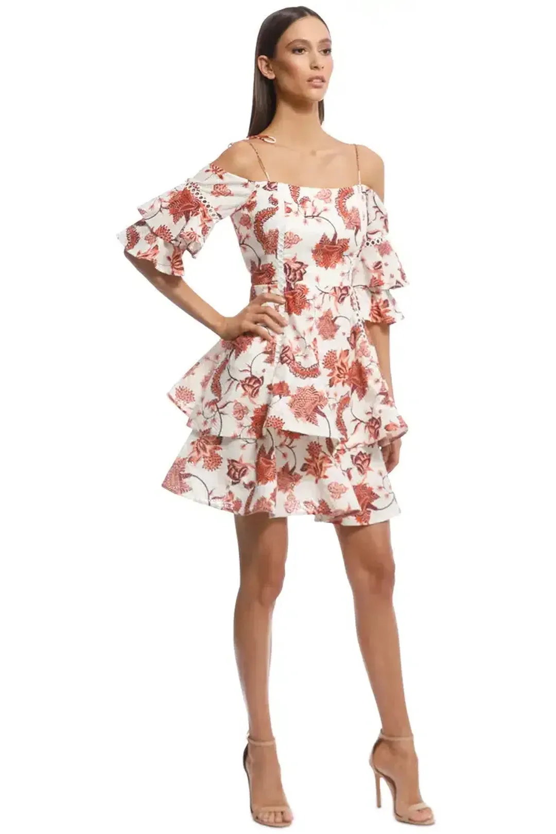 Thurley Valencia Off-shoulder Dress Russet Multi Size AU 10 for rent on The Volte - main image