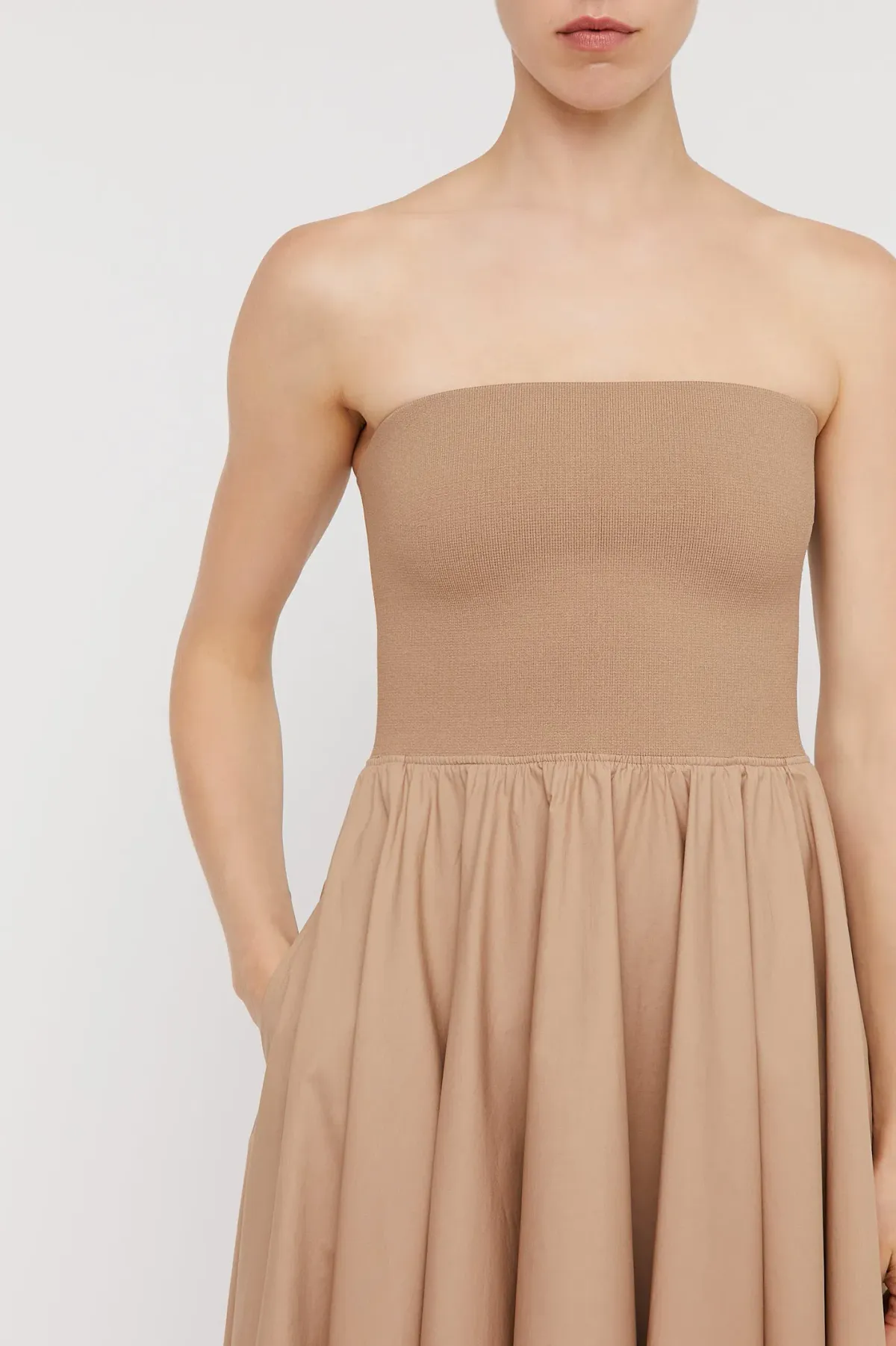 Scanlan Theodore Crepe Knit Cotton Strapless Dress Camel Size 6 - Image 2