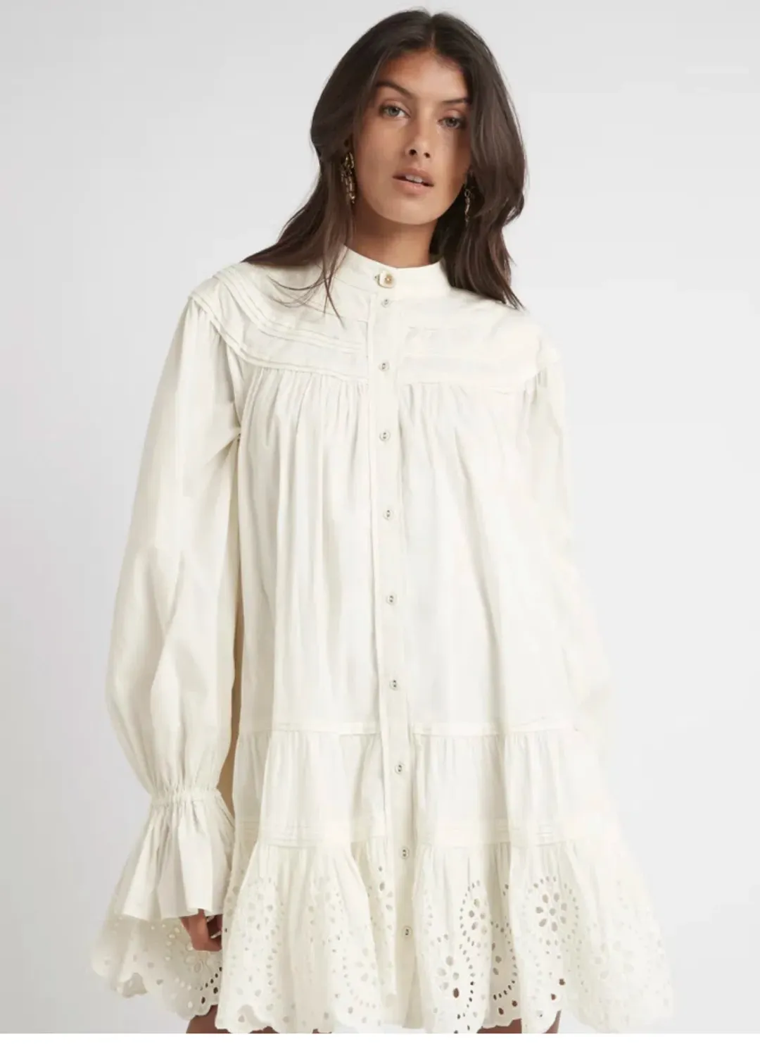 Aje Salita Longsleeve Broderie Smock Dress Ivory Size 10 for rent on The Volte - main image