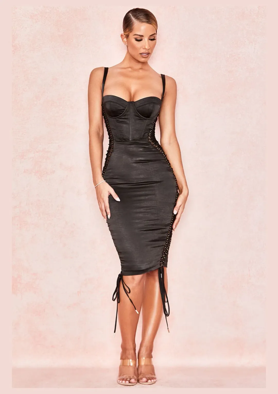 House of CB Angelina Satin Lace Up Corset Dress Black Size 8 for rent on The Volte - main image