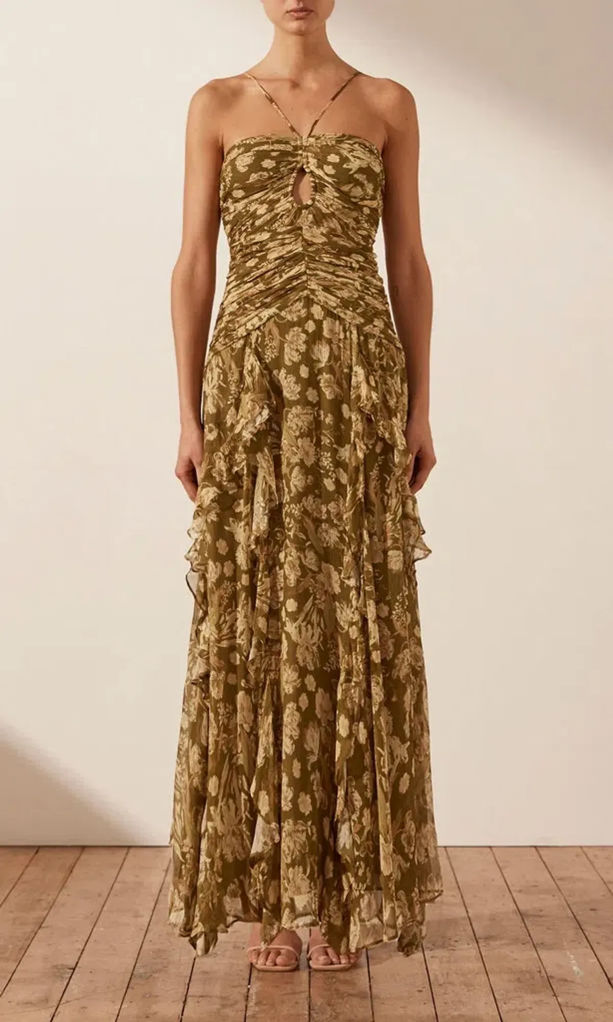 Shona Joy Rosaline Keyhole Frill Maxi Dress in Cumin Multi Size 6 - Image 2