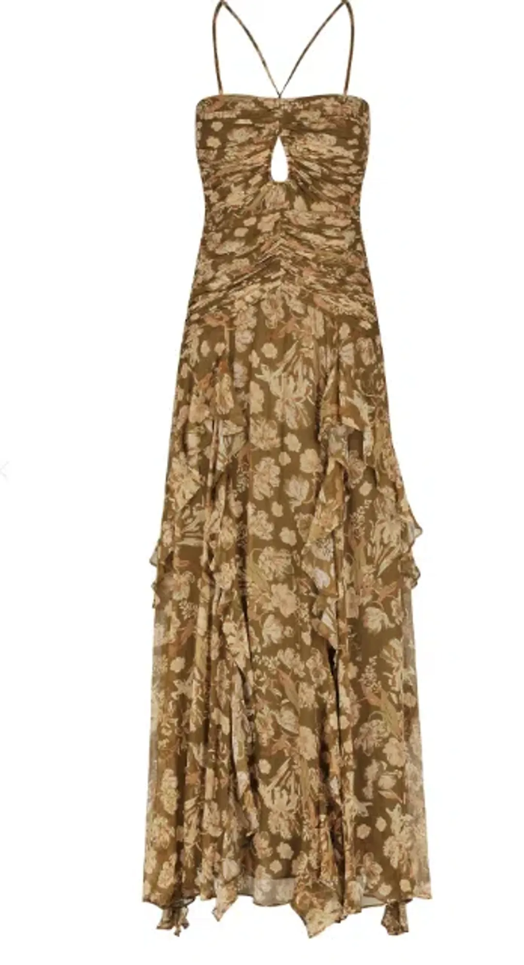 Shona Joy Rosaline Keyhole Frill Maxi Dress in Cumin Multi Size 6 for rent on The Volte - main image