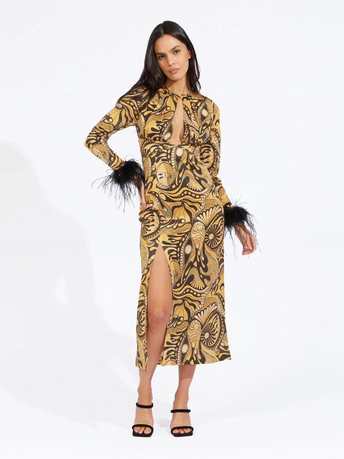 Alice McCall Gold Dust Feathers Midi Dress Multi Size 14 AU - Image 1