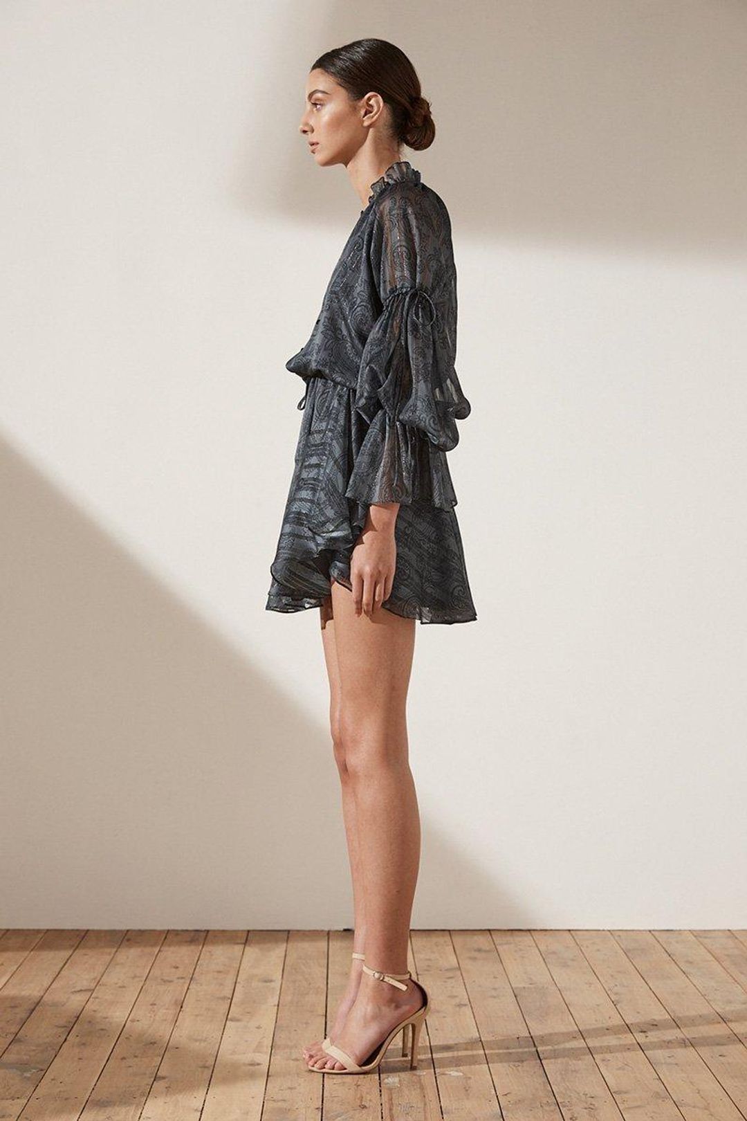 SHONA JOY 'Marea Puff Sleeve Drawstring Mini Dress' Grey Size 8 for rent on The Volte - main image