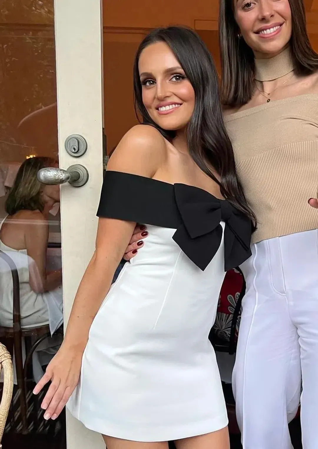 Self Portrait Off Shoulder Bow Mini Dress White/Black Size 10-12 for rent on The Volte - main image