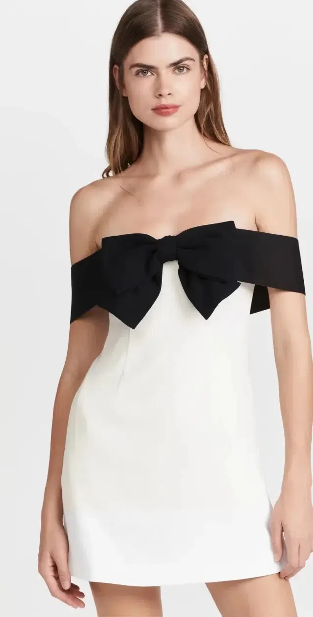 Self Portrait Off Shoulder Bow Mini Dress White/Black Size 10-12 for rent on The Volte - main image