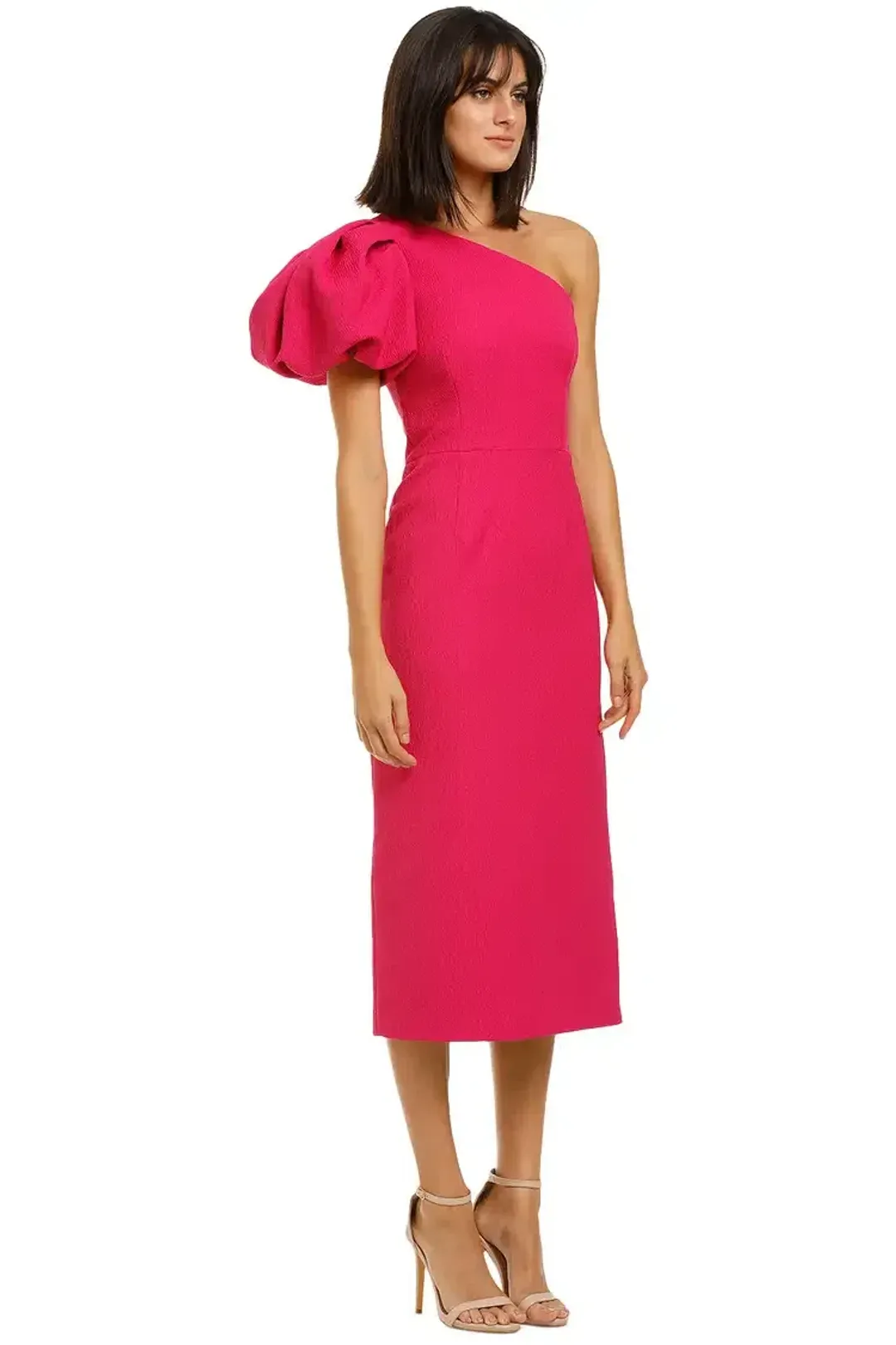 Rebecca Vallance Natalia One Sleeve Midi Dress Magenta Fuschia Pink Size 14 for rent on The Volte - main image