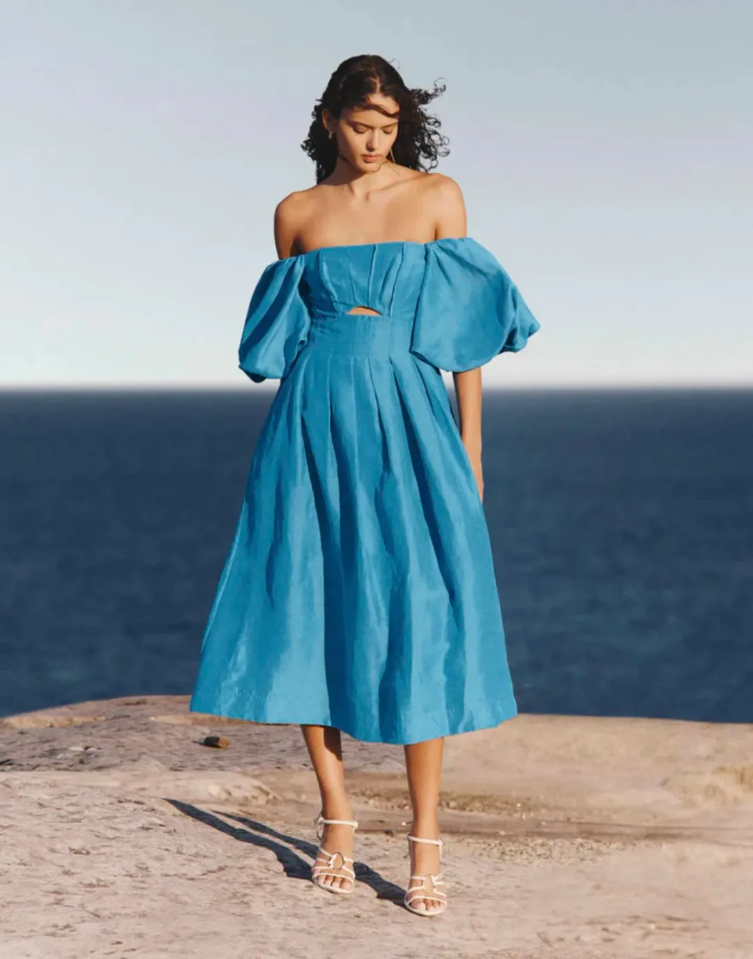 Aje Eugenie Off Shoulder Midi Dress Blue Size 12 for rent on The Volte - main image