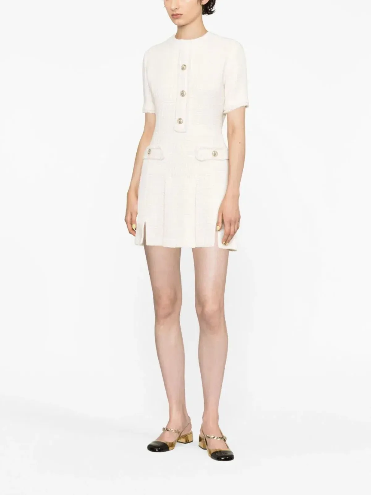 Maje Button Embellished Tweed Minidress White Size 6 - Image 1