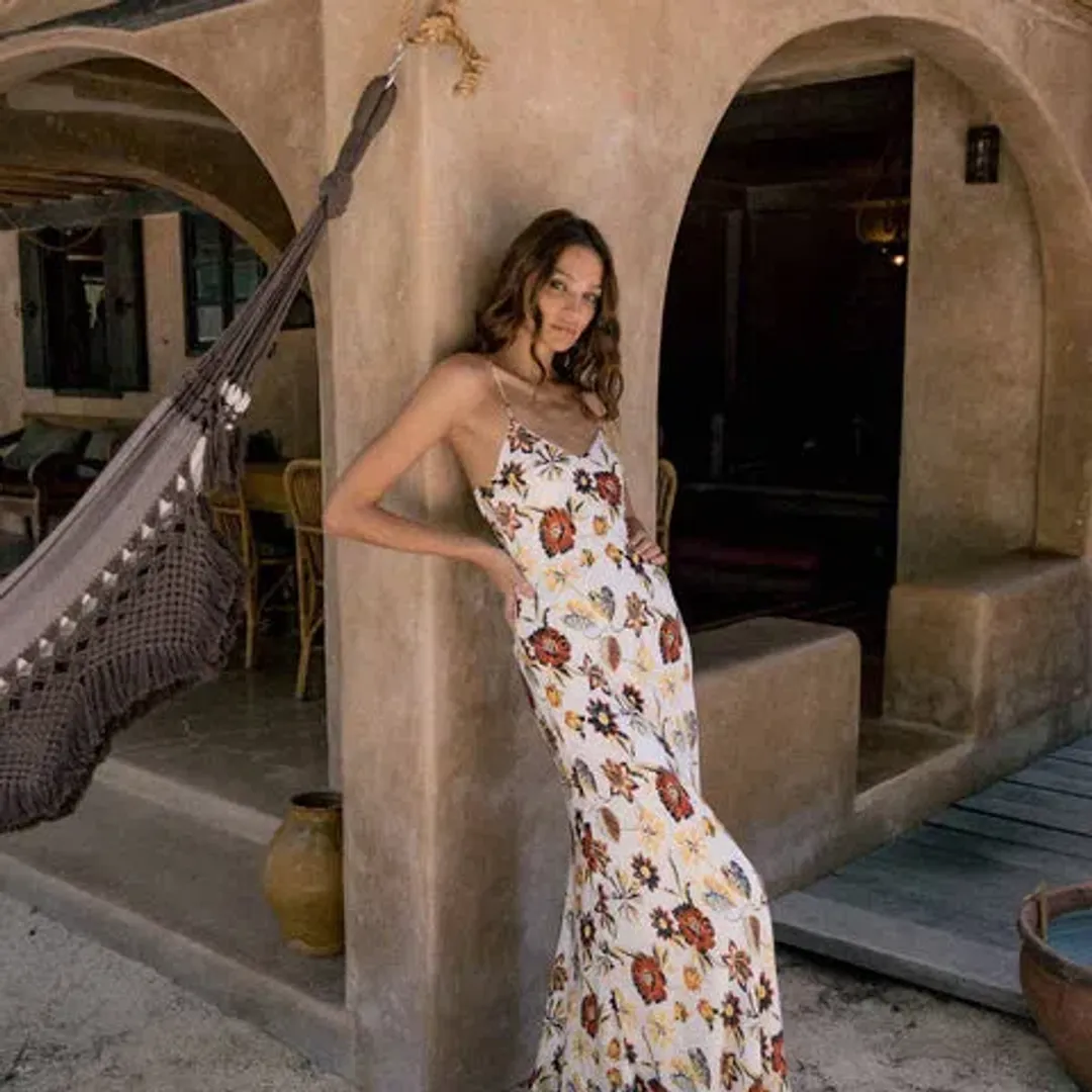 Ess The Label Emily Silk Slip Dress in Batik Ivory Size 4 for rent on The Volte - main image