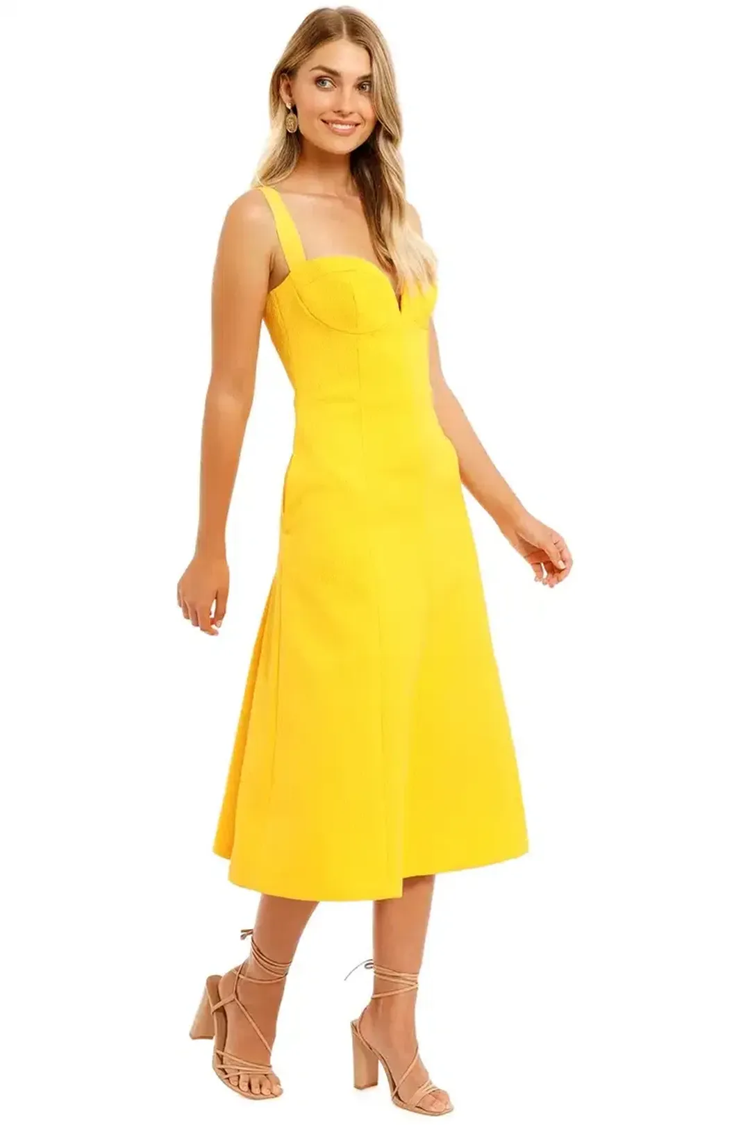Rebecca Vallance Calla V Wire Midi Dress Yellow Size 10 for rent on The Volte - main image