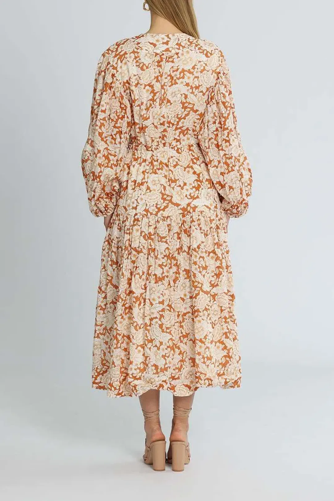 Shona Joy Flor Midi Dress Orange Floral Size 12 for rent on The Volte - main image