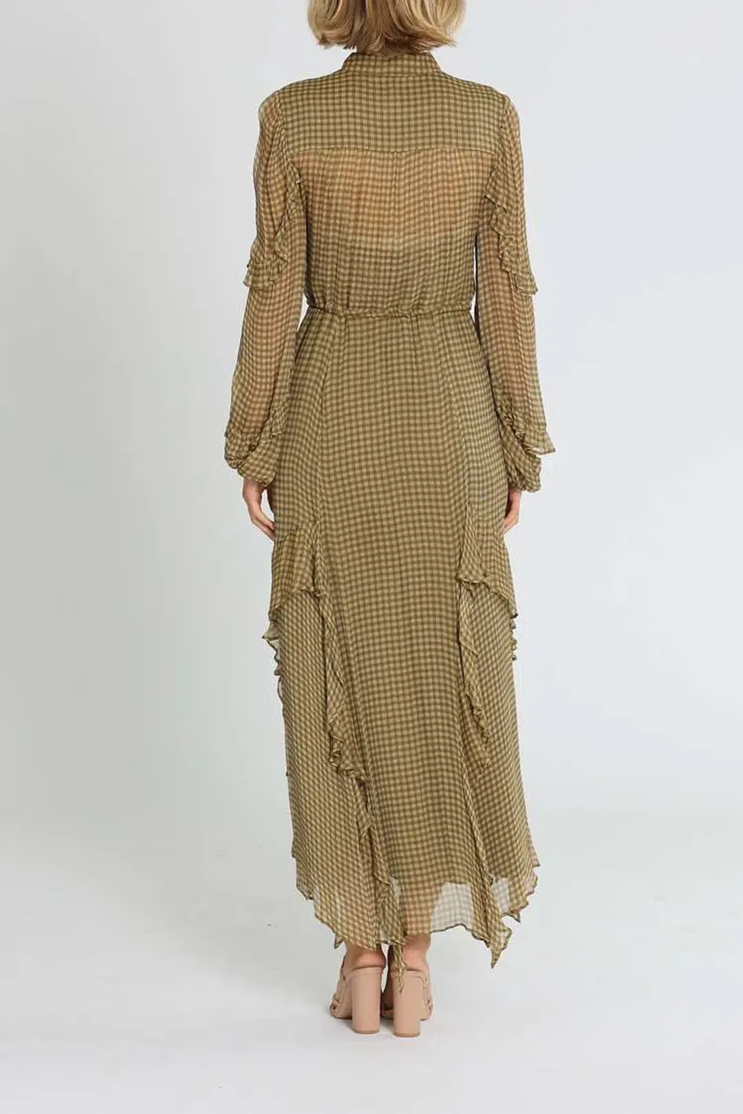 Shona Joy Eleonora Drawstring Frill Midi Dress Olive Khaki Print Size 10 for rent on The Volte - main image