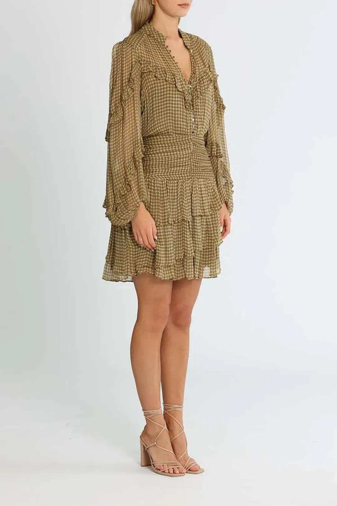 Shona Joy Eleonora Ruched Frill Mini Dress Olive Khaki Print Size 8 for rent on The Volte - main image