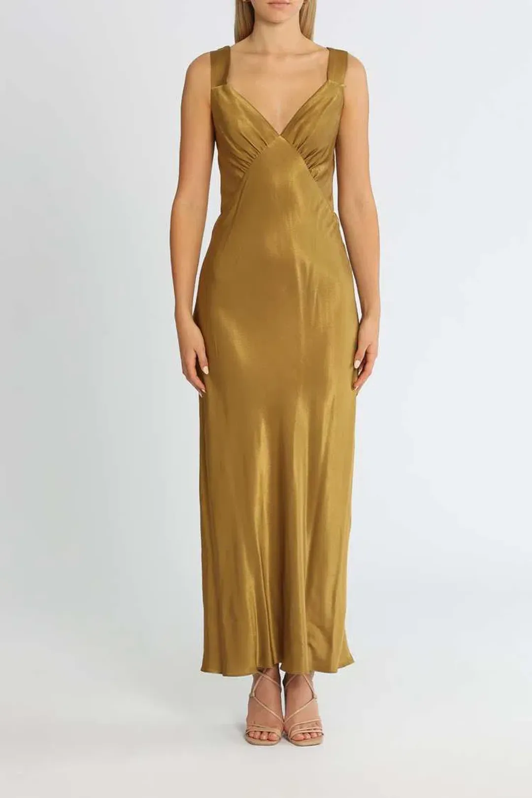 Shona Joy Giorgia Plunged Midi Dress Olive Oil Khaki Size 12 for rent on The Volte - main image