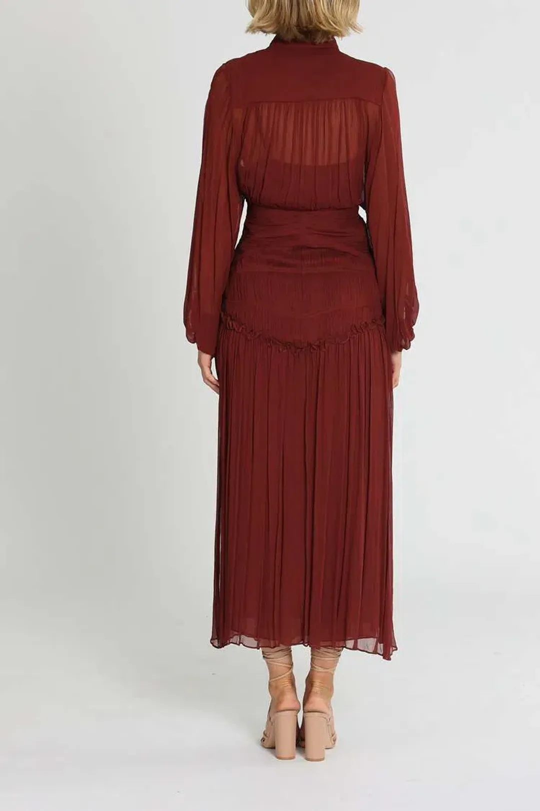Shona Joy Safira Button Up Ruched Midi Dress Sangria Burgundy Size 6 for rent on The Volte - main image