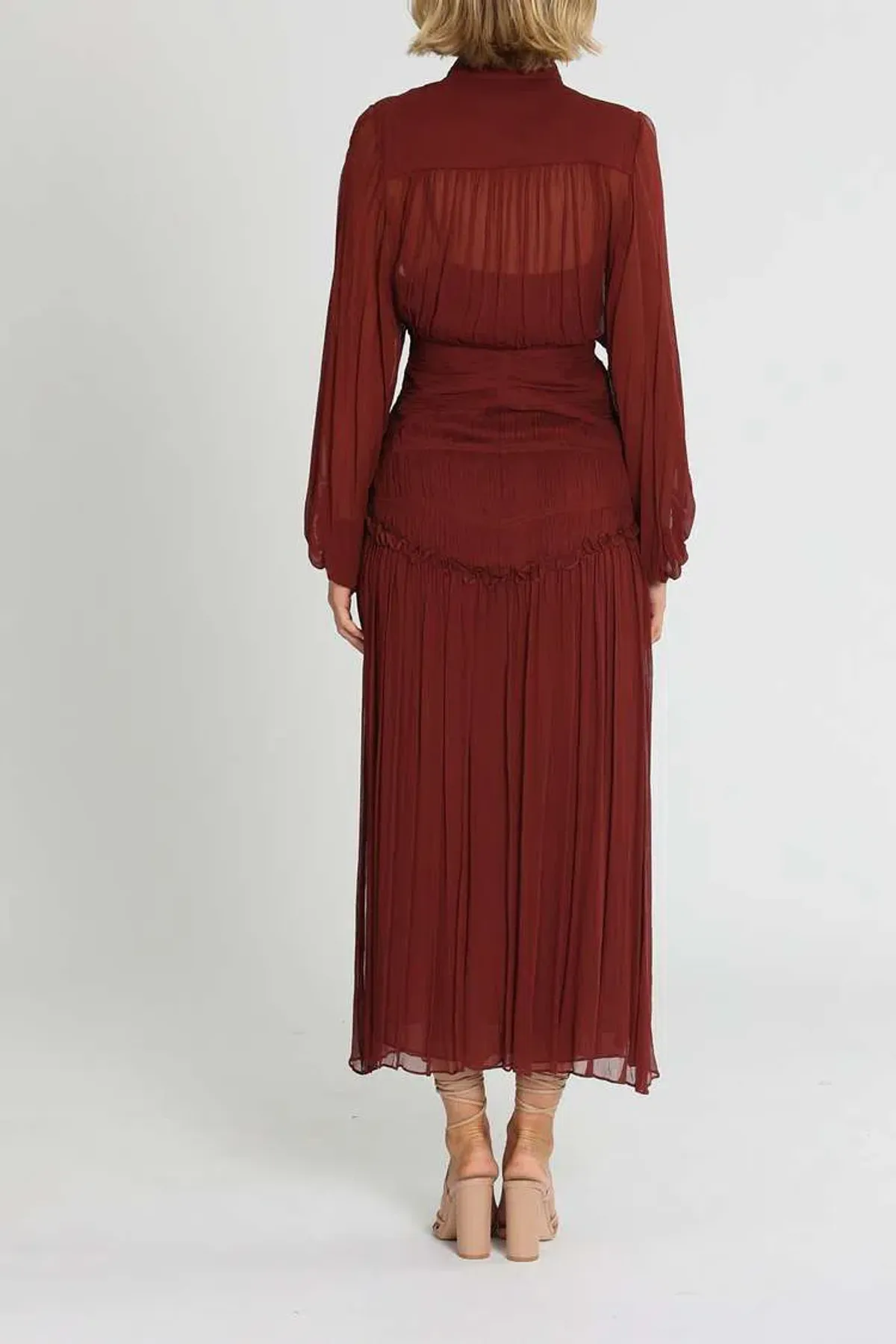 Shona Joy Safira Button Up Ruched Midi Dress Sangria Burgundy Size 6 - Image 3