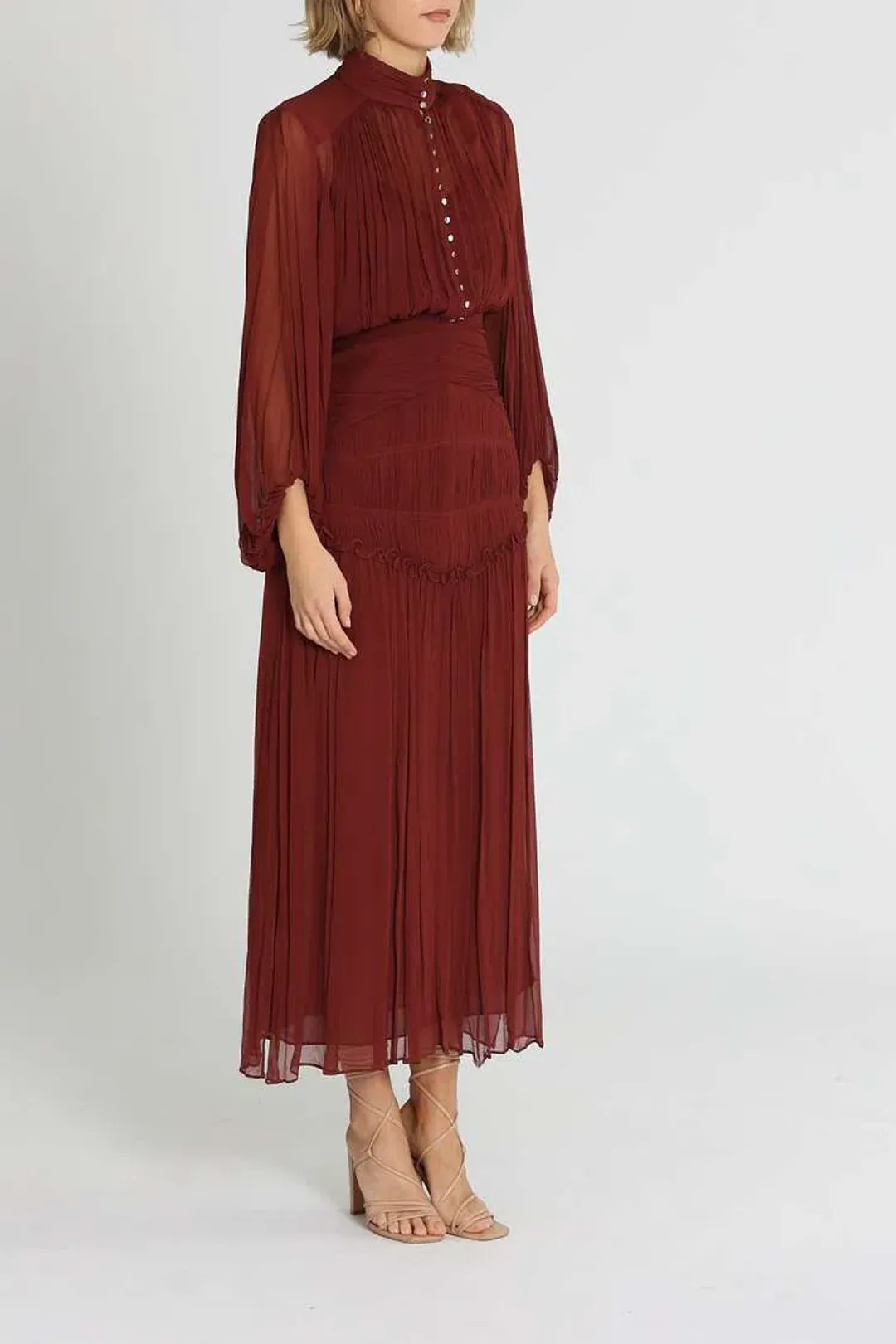 Shona Joy Safira Button Up Ruched Midi Dress Sangria Burgundy Size 6 for rent on The Volte - main image